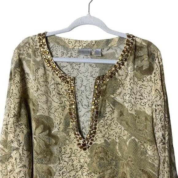 Chicos Silk Blouse Large Floral Artsy Embellished Fairycore Bohemian Whimsigoth - Picture 2 of 9